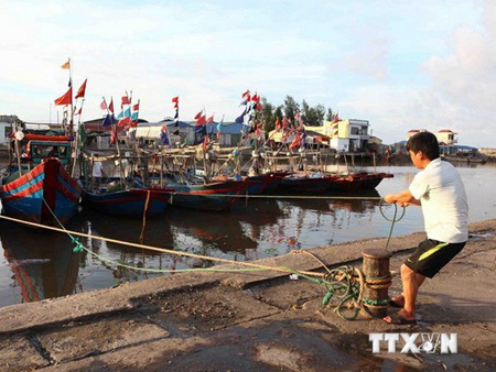 Ngư dân đưa tàu thuyền vào trú bão tại Cảng cá Ngọc Hải.